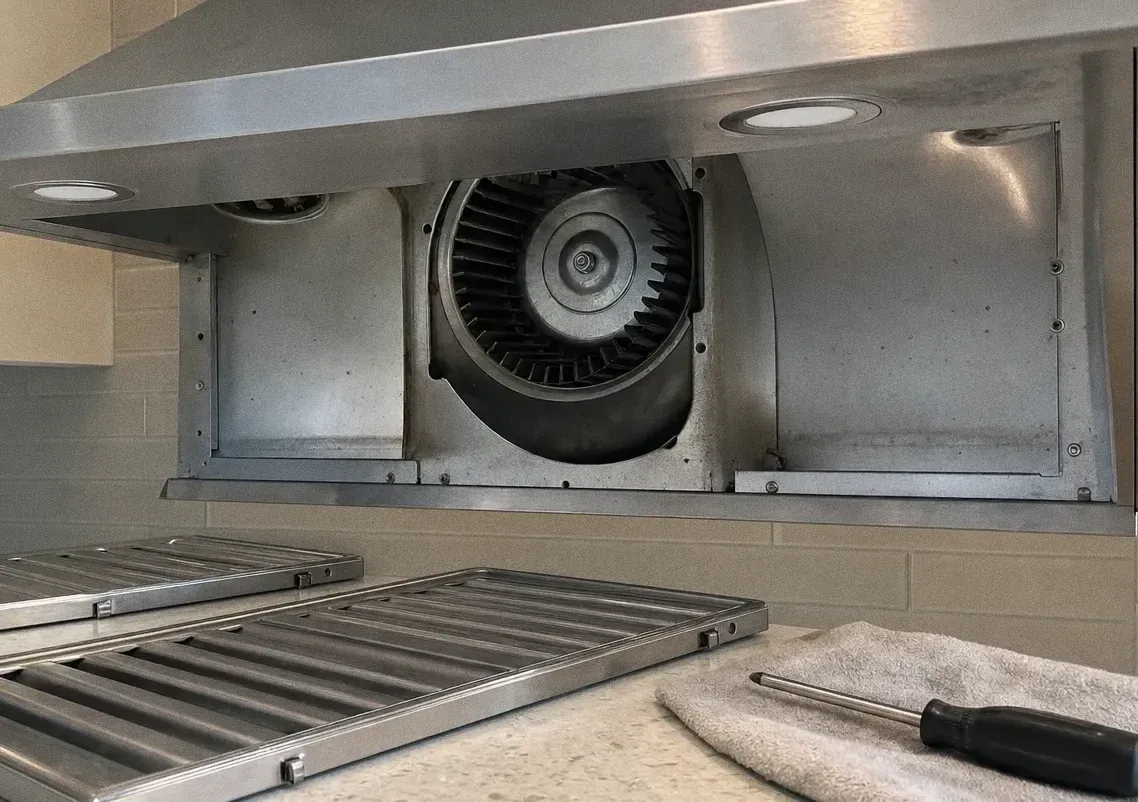 Stainless wall hood with its baffle filters removed and set on the counter, the blower wheel visible inside the housing