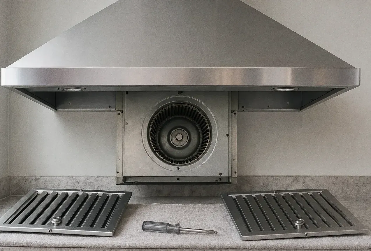 Underside of a stainless hood with the filters out and the blower wheel exposed, two baffle filters lying on the worktop below